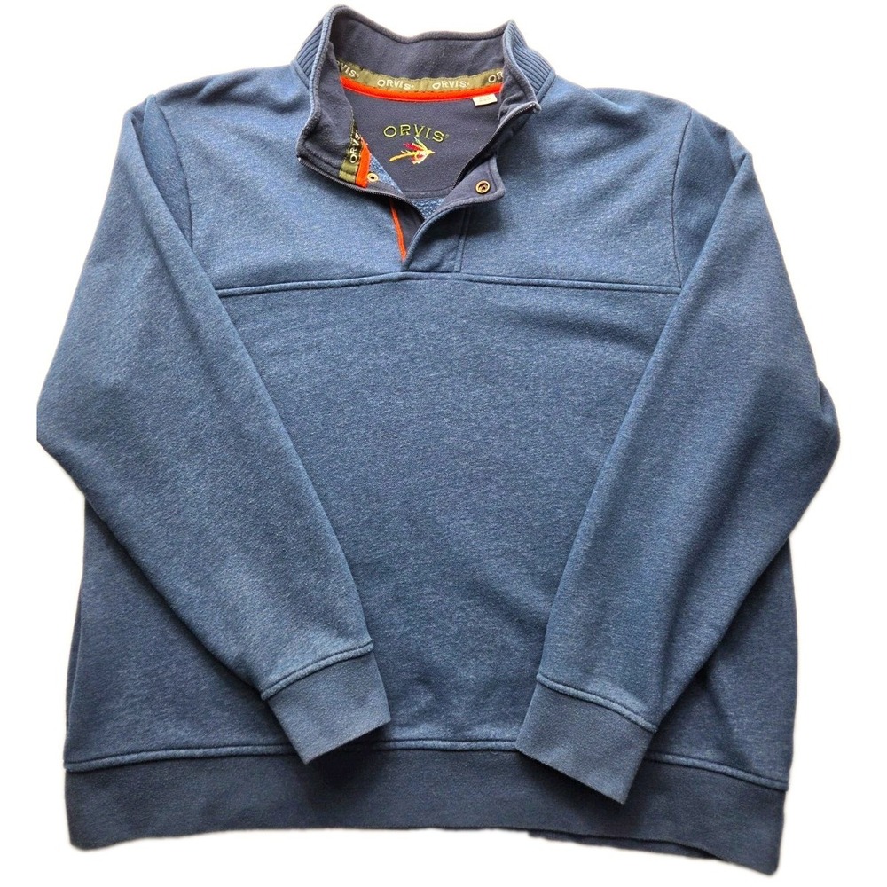 Orvis Signature Sweatshirt Mens 2XL Blue 1/4 Zip Snap Fleece Pullover 615914